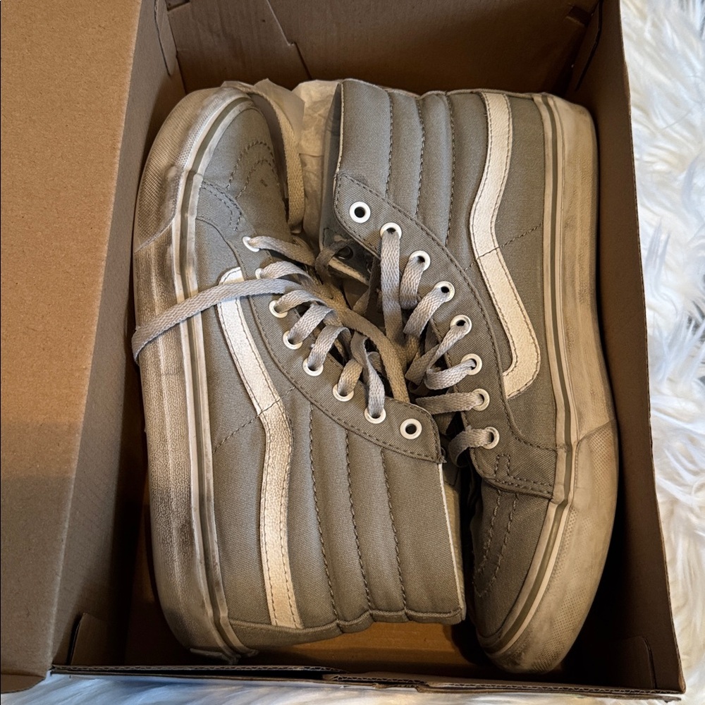 Well worn Vans Gray and White High-Top Sneakers